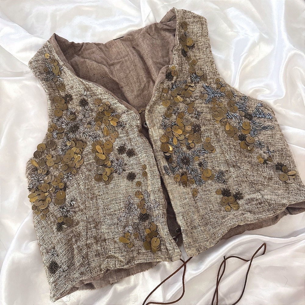 Dosan Yak Wool Cotton Sequin Beaded Lace Up Back Vest Brown Size 2